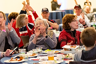 Fans gather in a game watch in the Hemmingson Center. (GU photo)