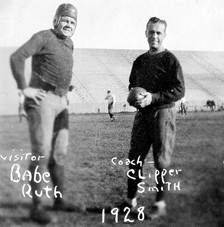 On Nov. 16, 1926, home run king George Herman “Babe” Ruth came to campus to meet the GU football team and Coach Maurice “Clipper” Smith. Ruth spent the week in Spokane as part of his barnstorming tour. He practiced with the football team, punted balls with them, and signed baseballs. Afterward, Ruth gave a short talk and said that he was unofficially picking Gonzaga to win the Homecoming game on Thanksgiving Day against Washington State College. Unfortunately, WSC beat Gonzaga 7-0 with a crowd of over 10,000 at Gonzaga. Maurice “Clipper” Smith played for the University of Notre Dame from 1917-1920 and coached Gonzaga’s football team from 1925-1928. (GU Archives)