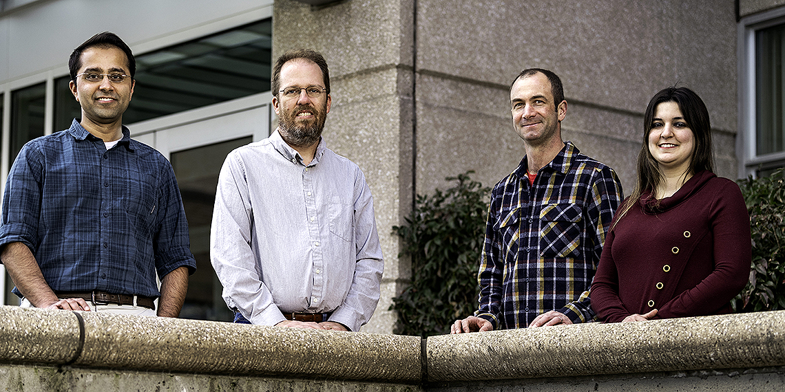 (from left) Harman Khare, assistant professor of mechanical engineering, is the principal investigator for the grant. Co-investigators are (from left) Jeff Watson, associate professor of chemistry and biochemistry; Brook Swanson, professor of biology; and Shannen Cravens, assistant professor of chemistry and biochemistry. (Composite image courtesy Zack Berlat)