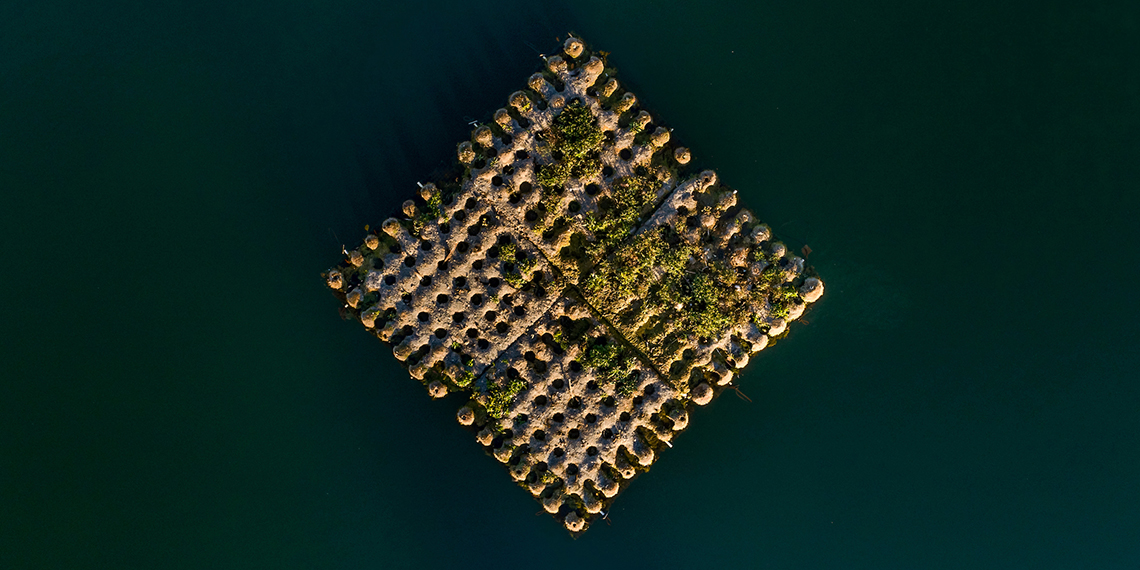 Floating wetlands created by students for Lake Arthur. (GU photo by Zack Berlat)