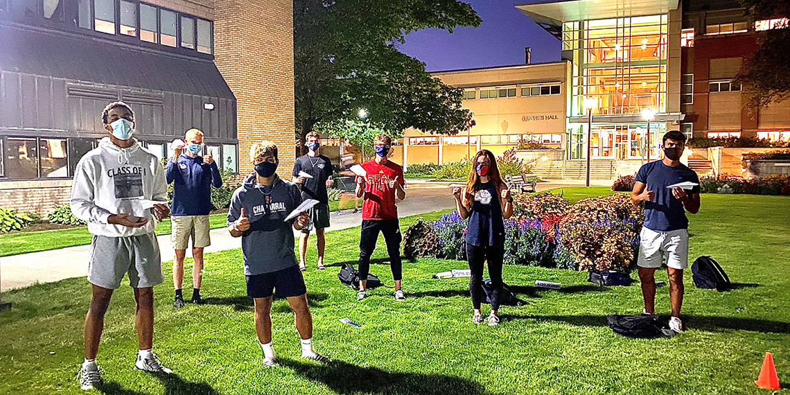 On the first night of ZagOlympics this year, teams competed in constructing and throwing paper airplanes. The winning team had the greatest combined length of throws among its team members. (GU Athletics)