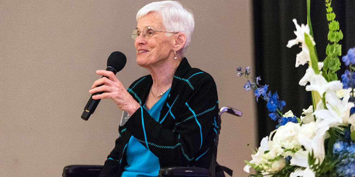 Judith Mayotte speaks at the Graduate and Law Commencement Honoree Dinner on May 10. (GU photo)