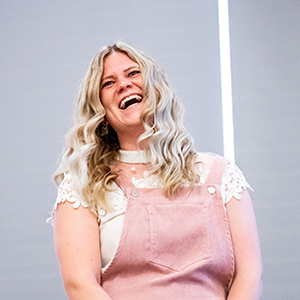 girl in pink, laughing