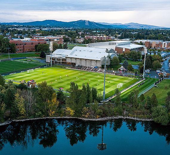 A view of campus from the south looking north across the Spokane River. (GU photo) 
