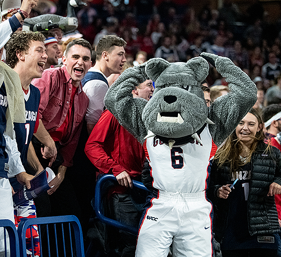Spike fires up fans on Gonzaga Day in the Kennel where the Zags beat BYU 92-69. (GU photo)