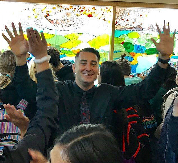 Mikel Brogan at the unveiling of the “A River of Belonging” mosaic at École Heritage Park Middle School in Mission, British Columbia. (Image courtesy Mikel Brogan)