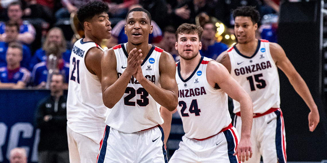 (From left) Rui Hachimura, Zach Norvell Jr., Corey Kispert and Brandon Clarke in the Zags’ NCAA Tournament win over ninth-seeded Baylor on March 23. (GU photo by Zack Berlat)