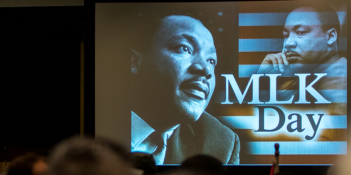 Martin Luther King, Jr. on a screen in Hemmingson Center. 