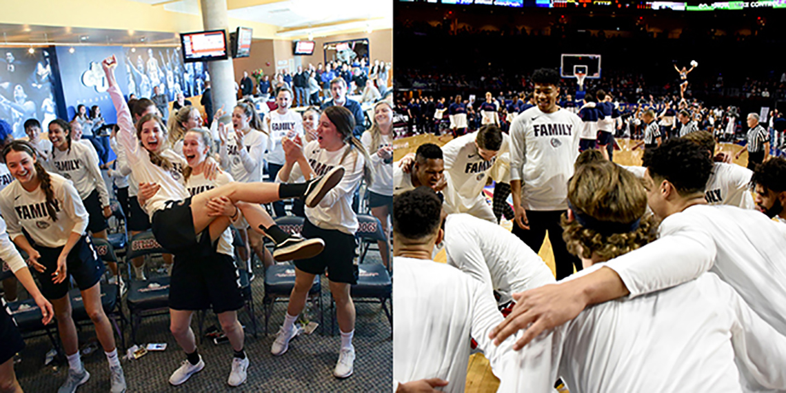 (left) Women celebrate after learning tournament seed. (right) Zags men at WCC Tournament.  (GU photos)