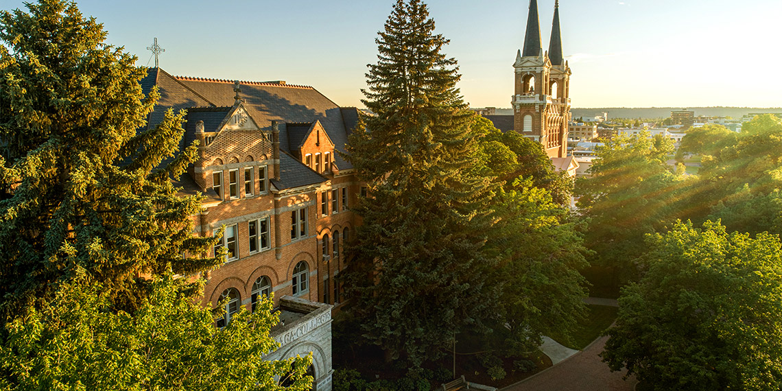 An aerial photo of College Hall and St. Alyoysius Church.