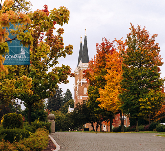 The road in front of St. Aloysius Church with fall colors in the trees. 