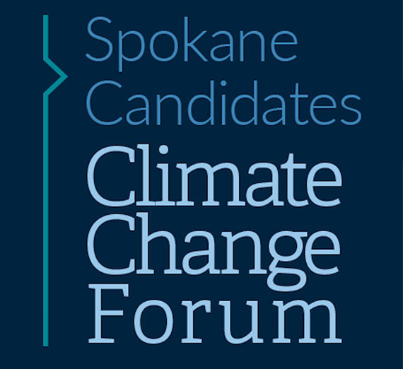 The words Spokane Candidates Climate Change Forum on a blue background
