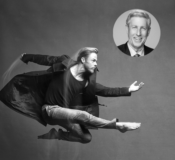 Derek Hough leaping in the air, and his father Bruce Hough's face inside a circle