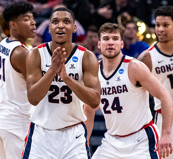 (From left) Rui Hachimura, Zach Norvell Jr., Corey Kispert and Brandon Clarke in the Zags’ 83-71 NCAA Tournament win over ninth-seeded Baylor on March 23. (GU photo by Zack Berlat) 