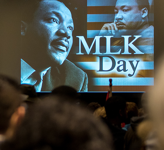 Photo of Martin Luther King, Jr. on a screen  