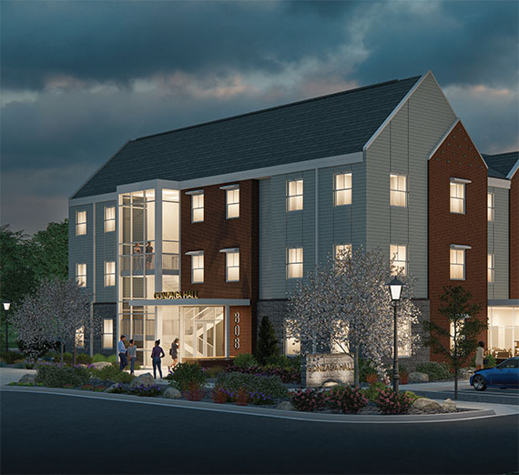 An artist rendering of the new Mantua Hall, a dorm building