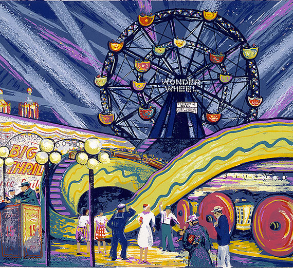 A painting of a ferris wheel with people walking on the ground below