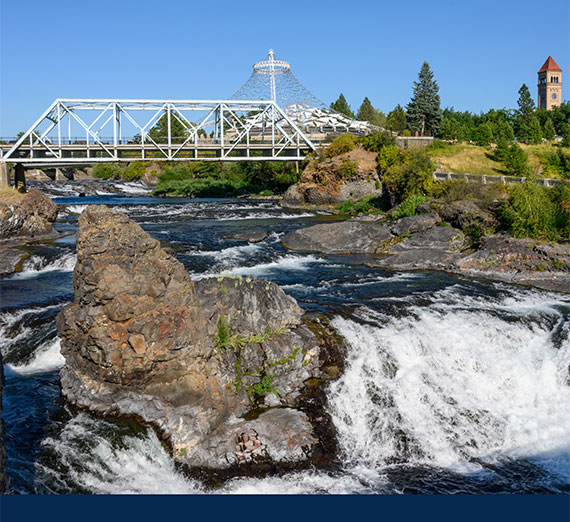 Spokane River with the Pavilion and Clock Tower of Riverfront Park in the background