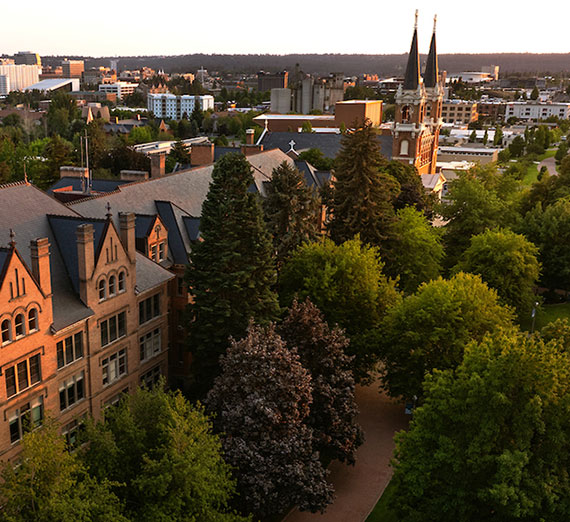 An aerial photo of College Hall and St. Alyoysius Church.