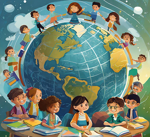 Animated photo of children sitting around a globe