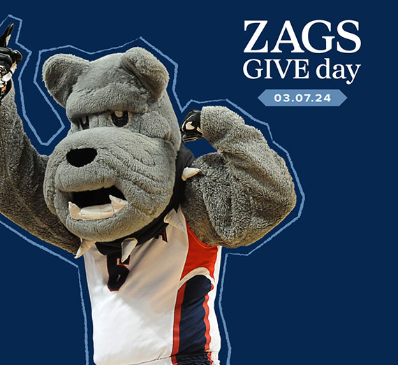 Spike the bulldog and words saying Zags Give Day