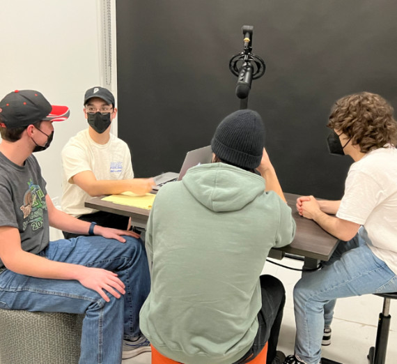 Students gather to record episode one of Zag to Zag podcast