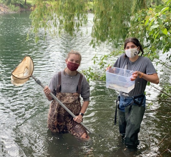 Professor Bancroft and GU student in a river with a net during a lab to study affects on water-life.