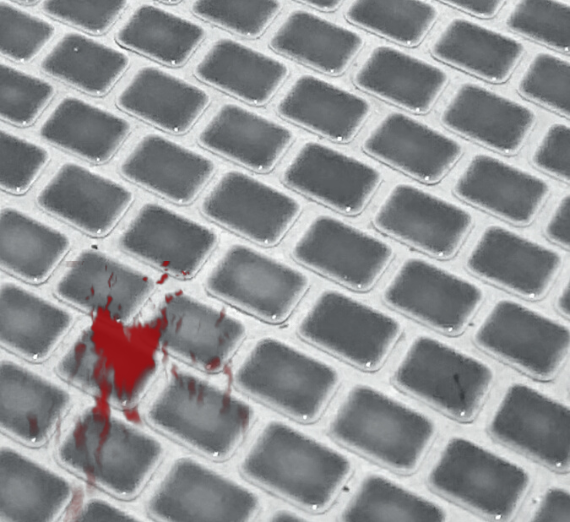 A bloodstain on a patch of pool tile. 