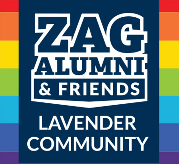 A rainbow with the words Zag Alumni and Friends Lavender Community