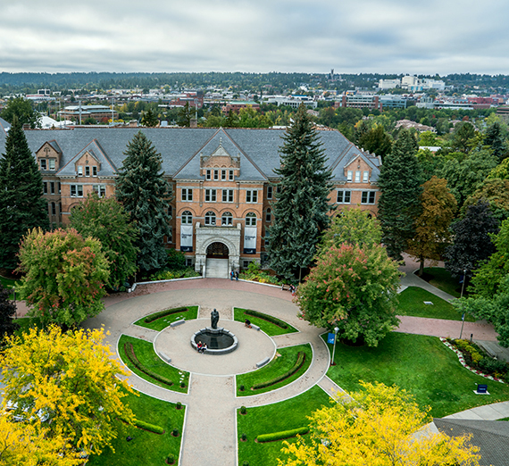 An aerial view of College Hall, the administration building at Gonzaga University. (GU photo)  