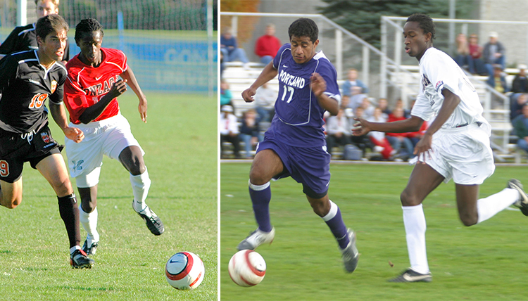 two pictures of Foday Kabba playing soccer at Gonzaga, 2005