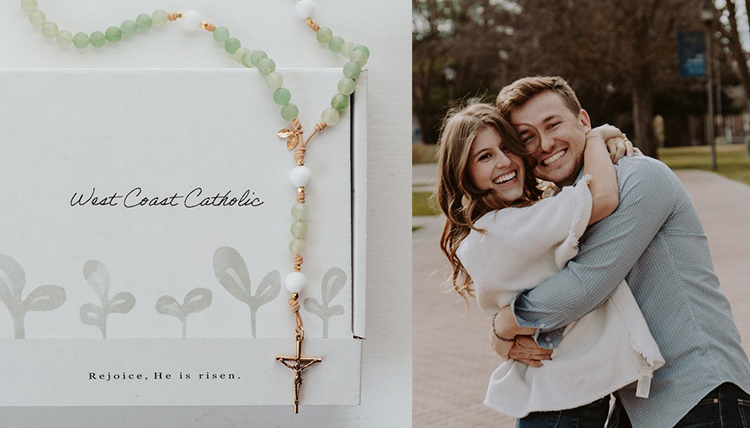image of rosary and picture of woman and man embracing with smiles