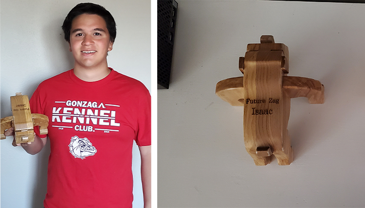 On the right: a student holds a carved wooden bulldog while wearing a Kennel Club shirt. On the left: the carved bulldog close -up.