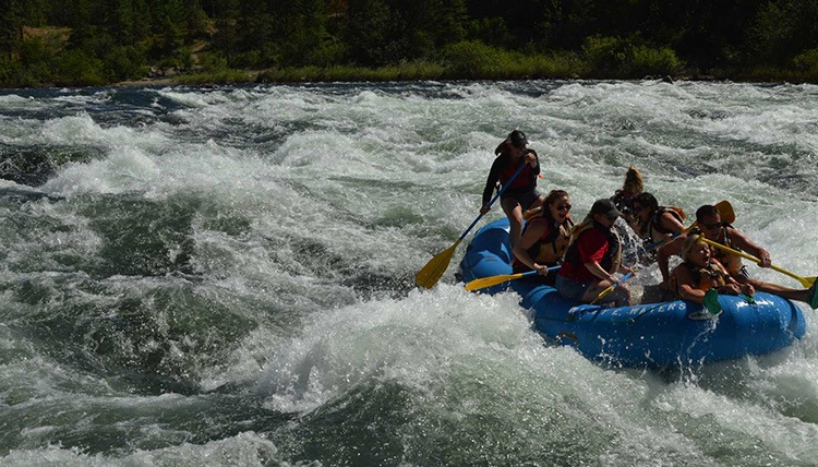 A boat of people goes down a stretch of whitewater on the river.