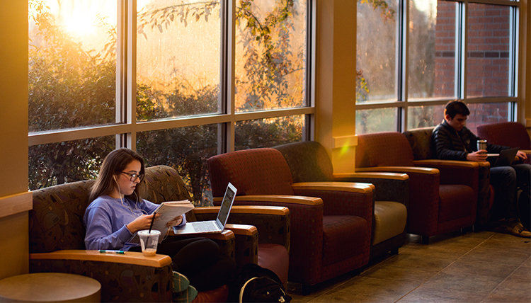 A student sits at her laptop at sunset in the Jepson Lounge. 