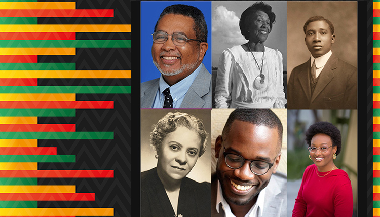 black history background and collage of 6 black composers
