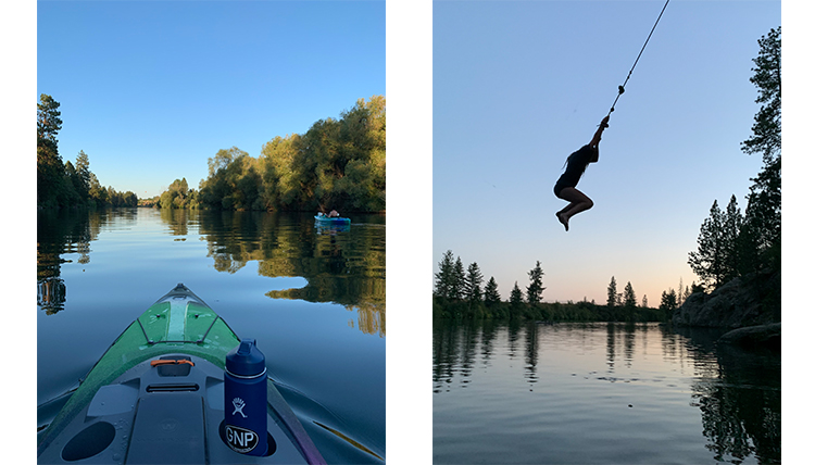 2 separate photos, 1 of kayak on water, 1 of person on rope swing in water