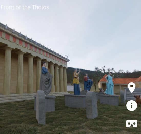 Statues in front of a Tholos, an ancient structure.