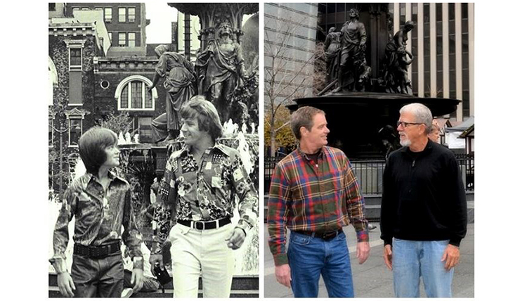 a boy and man in the 1970s and the same men 50 years later at the same location
