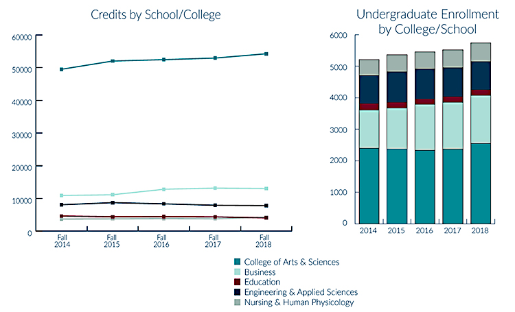 Graphic charts showing credits by college and undergraduate enrollment by college and school.