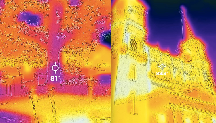 Two infrared photos taken on Gonzaga’s campus illustrate how the built environment can influence heat. St. Al’s church was measured at 88.9 degrees F, while the tree lined path next to it was only 81 degrees.