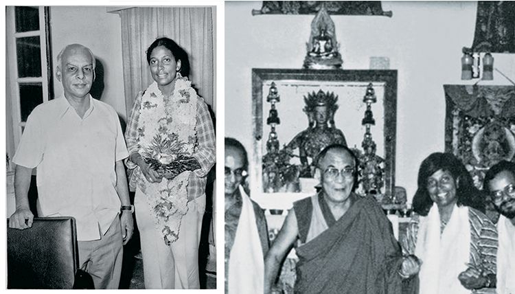 (Left) A black and white photo of a woman, Davis, standing with a man, the Rajasthan head minister. (Right) A black and white photo of a woman, Davis, standing in a group of people next to the Dalai Lama.