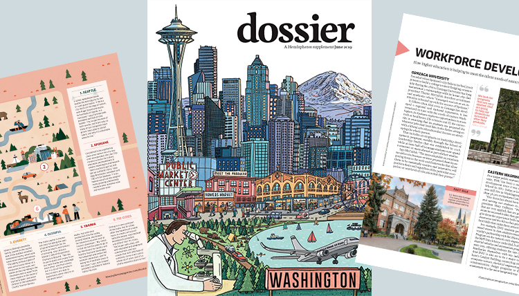 three separate images of pages in a print magazine showing Washington state