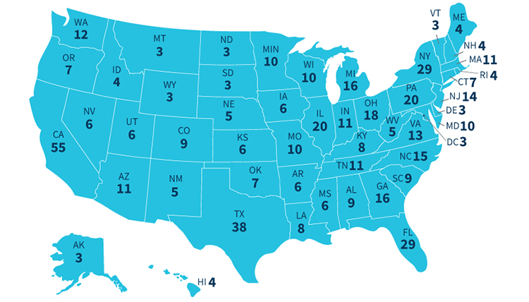a map of the US with each state labeled with its number of electoral votes