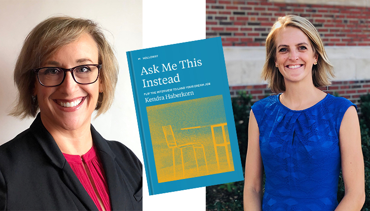 Man in black blazer with a red top poses for a headshot on the left, a blue book is in the middle, woman in blue blouse poses for headshot on the right.