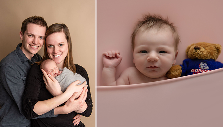 two separate images, one of couple with infant and one of different infant with teddy bear