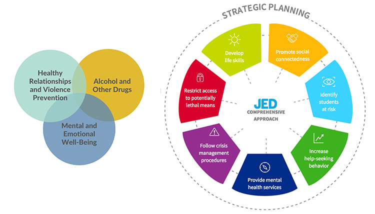 two graphics representing the intersection of health concerns and the educational process to treat them