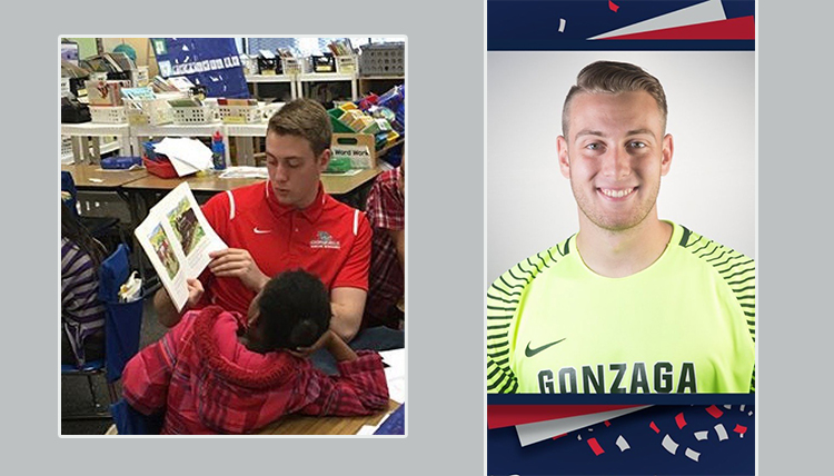 two separate images of tobias, one soccer headshot and one of him reading to young children