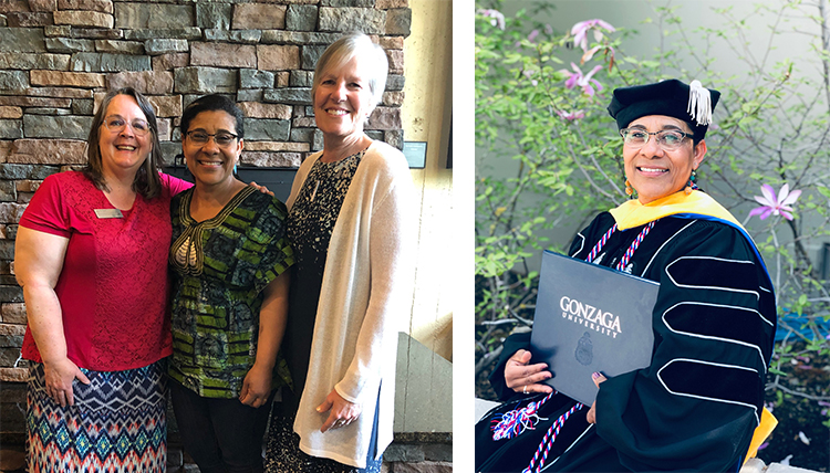 On the left, Maddie Collins standing with two Gonzaga faculty members and on the right, Collins as a graduate of Gonzaga