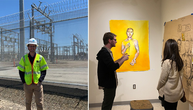 On the left is Finn Semling at work; the right is Semling at his senior art showcase